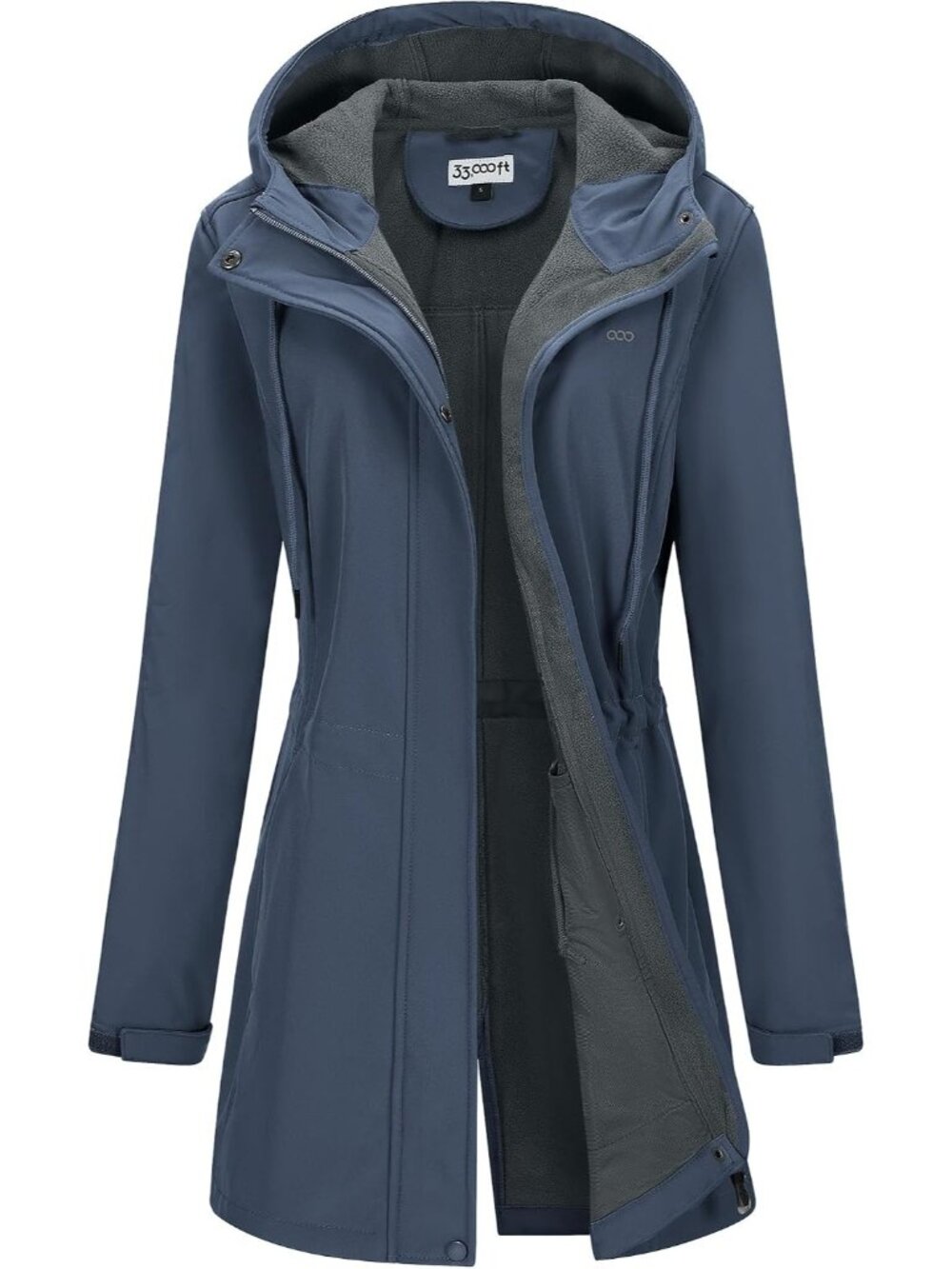 Women's Greyish Blue Fleece Lined Waterproof Zip Up Softshell Trench Parka Coat